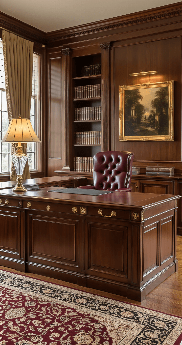A wide-angle shot of a traditional law firm reception area featuring a rich mahogany L-shaped desk with brass hardware, a burgundy leather executive chair, and a Persian area rug over hardwood floors, illuminated by warm golden hour lighting. The space is adorned with oil paintings in gilt frames, a crystal table lamp, and leather-bound books on built-in shelves, creating a formal yet inviting atmosphere with deep browns, burgundy, and gold accents alongside classical architectural details.