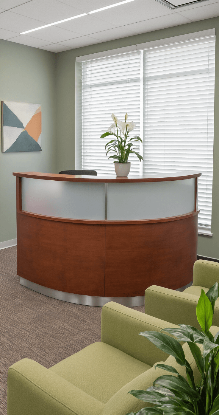 A welcoming medical reception area featuring a curved cherry wood desk with frosted glass privacy panels, sage green seating, dove gray walls, potted peace lily plants, and organized patient forms in acrylic holders, illuminated by soft daylight through white blinds, creating a calming healthcare ambiance.