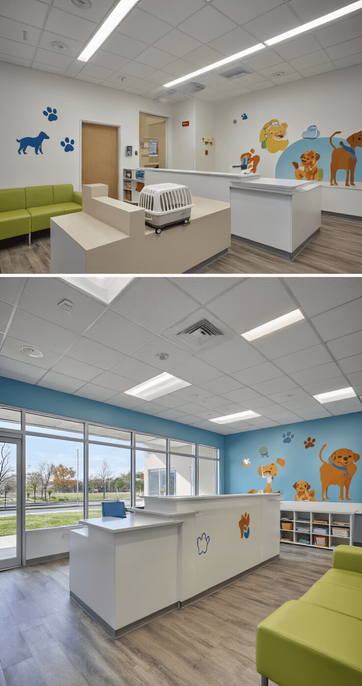 Custom veterinary clinic reception featuring a specialized desk for pet carriers, antimicrobial white surfaces with colorful animal-themed accents, and a pet-friendly waiting area, all under bright fluorescent lighting.