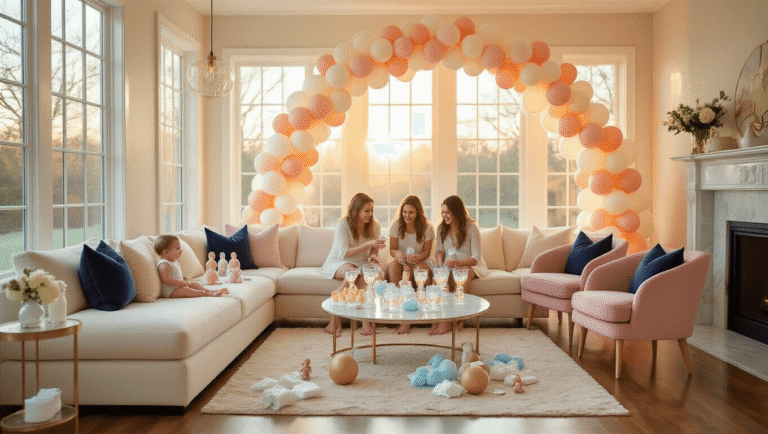 The Most Fun Baby Shower Games That'll Have Your Guests Crying From Laughter A bright modern living room during a baby shower, illuminated by golden hour light, with guests laughing over crystal glasses containing plastic babies, a cream sectional sofa, blush pink chairs, pastel balloon arch, bowling pin-shaped baby bottles, scattered diapers and dolls, and a photo display board near a marble fireplace.