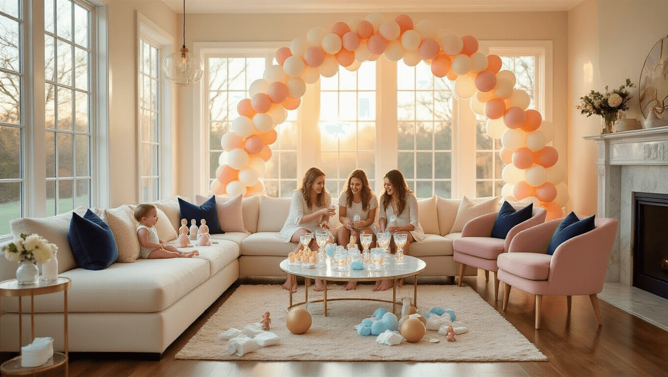 A bright modern living room during a baby shower, illuminated by golden hour light, with guests laughing over crystal glasses containing plastic babies, a cream sectional sofa, blush pink chairs, pastel balloon arch, bowling pin-shaped baby bottles, scattered diapers and dolls, and a photo display board near a marble fireplace.
