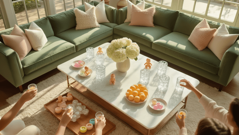 Cinematic overhead view of a sunlit living room decorated for a baby shower, featuring a plush sage green sectional, a marble coffee table with ice cubes holding toy baby dolls, hydrangeas in vases, pacifiers, and baby bottles on the hardwood floor, all bathed in warm natural light.