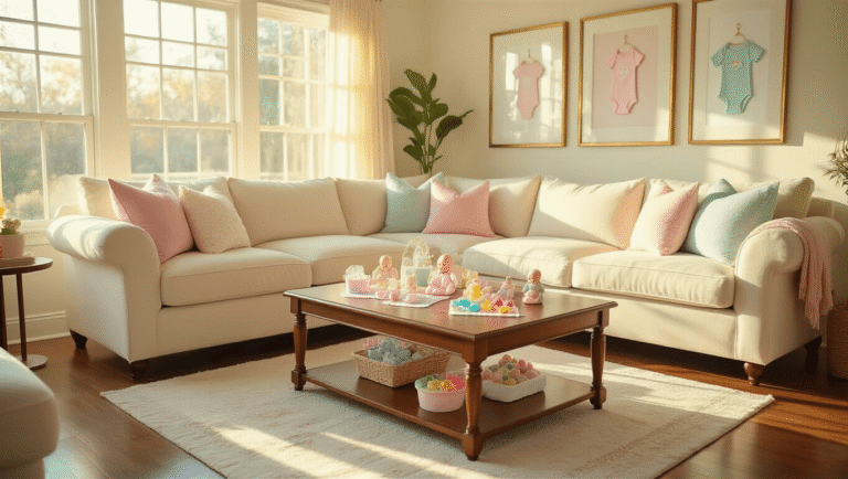 25 Baby Shower Games That Will Have Your Guests Laughing Until Their Water Breaks Cinematic wide-angle shot of an elegant pastel-themed living room decorated for a baby shower, featuring a cream sectional sofa, decorative baby items, and warm golden hour sunlight streaming through large windows.