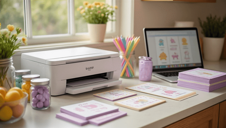 Transform Your Baby Shower Into an Unforgettable Celebration with These Printable Baby Shower Games A well-organized kitchen counter set up for a baby shower, featuring pastel game cards printing from a color printer, sorted printables, mason jars with colorful gel pens, and a laptop displaying game templates, all in a warm lavender and cream color scheme.