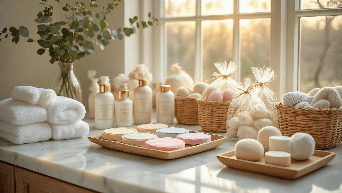 A serene bathroom with a marble vanity showcasing pastel sheet face masks, artisanal bath bombs, and luxury hand creams, illuminated by warm golden hour light filtering through frosted glass windows. Fluffy towels, eucalyptus sprigs, and cozy knitted socks enhance the self-care atmosphere, while gift bags filled with pampering products add a luxurious touch.