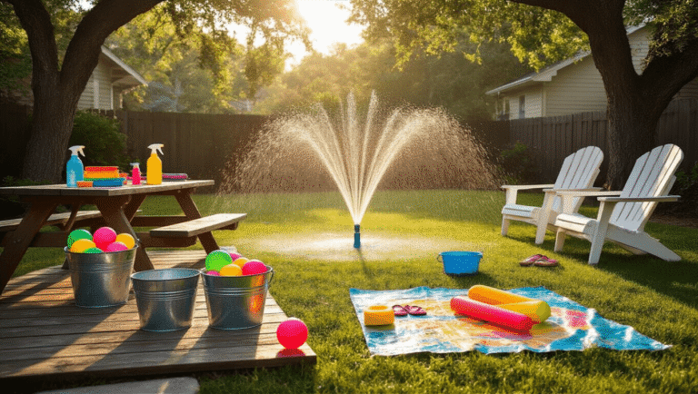 15 Epic Water Games for Kids That'll Make Your Summer Legendary (No Pool Required!) A vibrant suburban backyard water play station during golden hour, featuring colorful water balloons in galvanized buckets, sponges on sparkling grass, and a misting sprinkler, all illuminated by warm amber light.
