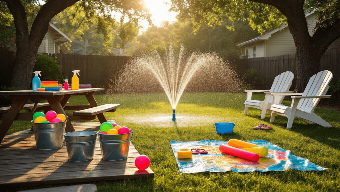 A vibrant suburban backyard water play station during golden hour, featuring colorful water balloons in galvanized buckets, sponges on sparkling grass, and a misting sprinkler, all illuminated by warm amber light.