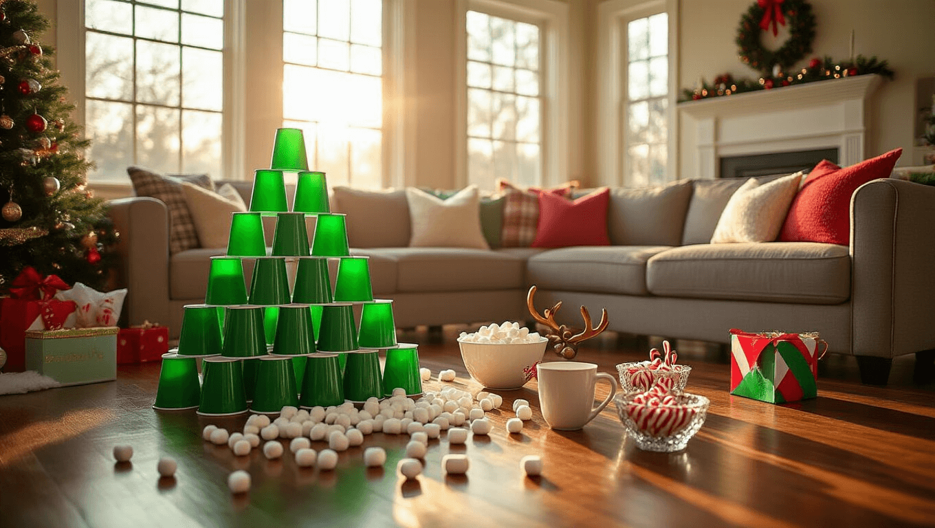 A cozy holiday living room setup for a Christmas party, featuring green cups, jingle bells, and marshmallows on hardwood floors, illuminated by warm golden hour sunlight and decorated with festive elements.