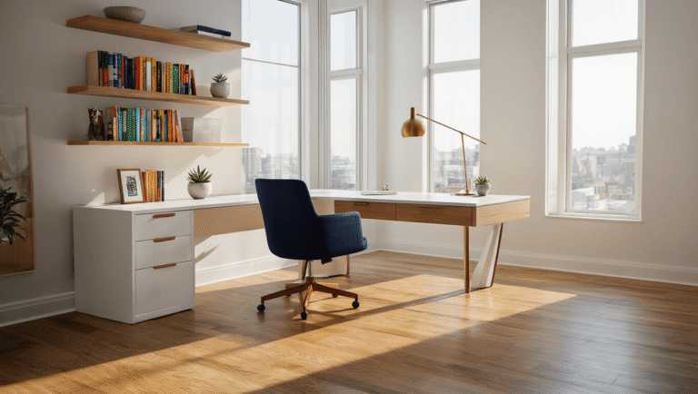 Cinematic wide-angle view of a modern corner office featuring a sleek L-shaped desk with oak accents, ergonomic navy chair, and warm lighting; bright space filled with natural light from floor-to-ceiling windows, showcasing organized storage, decorative elements, and polished hardwood floors.