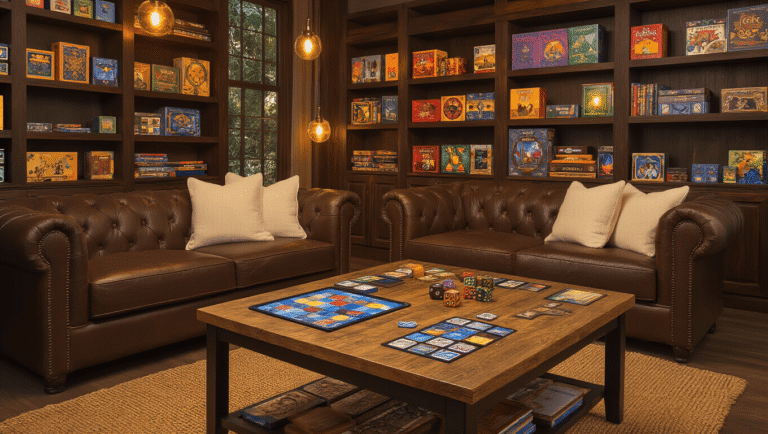 A cozy living room with warm golden hour light, featuring a rustic wooden coffee table adorned with board games like Azul and Wingspan, a rich leather sofa, colorful game boxes on dark wood shelves, and textured decor, creating an inviting gaming atmosphere.