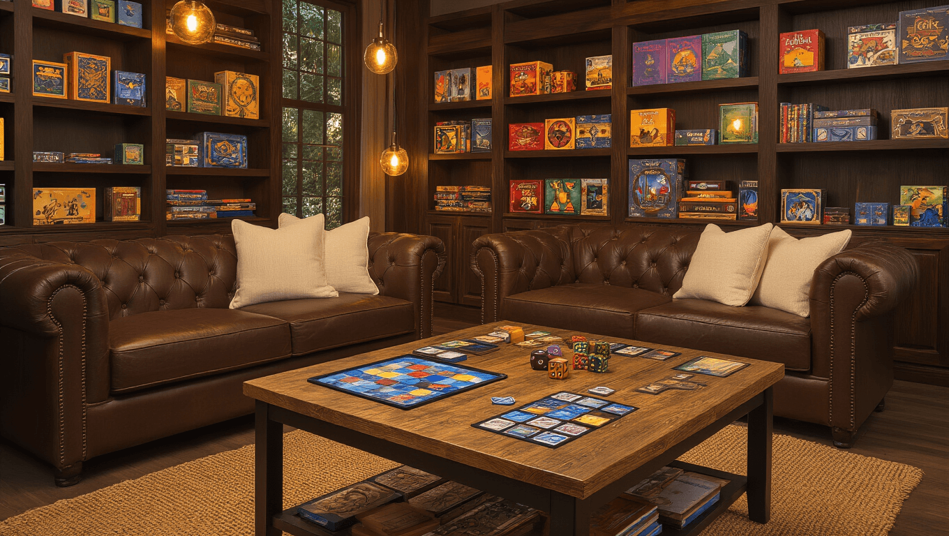 A cozy living room with warm golden hour light, featuring a rustic wooden coffee table adorned with board games like Azul and Wingspan, a rich leather sofa, colorful game boxes on dark wood shelves, and textured decor, creating an inviting gaming atmosphere.