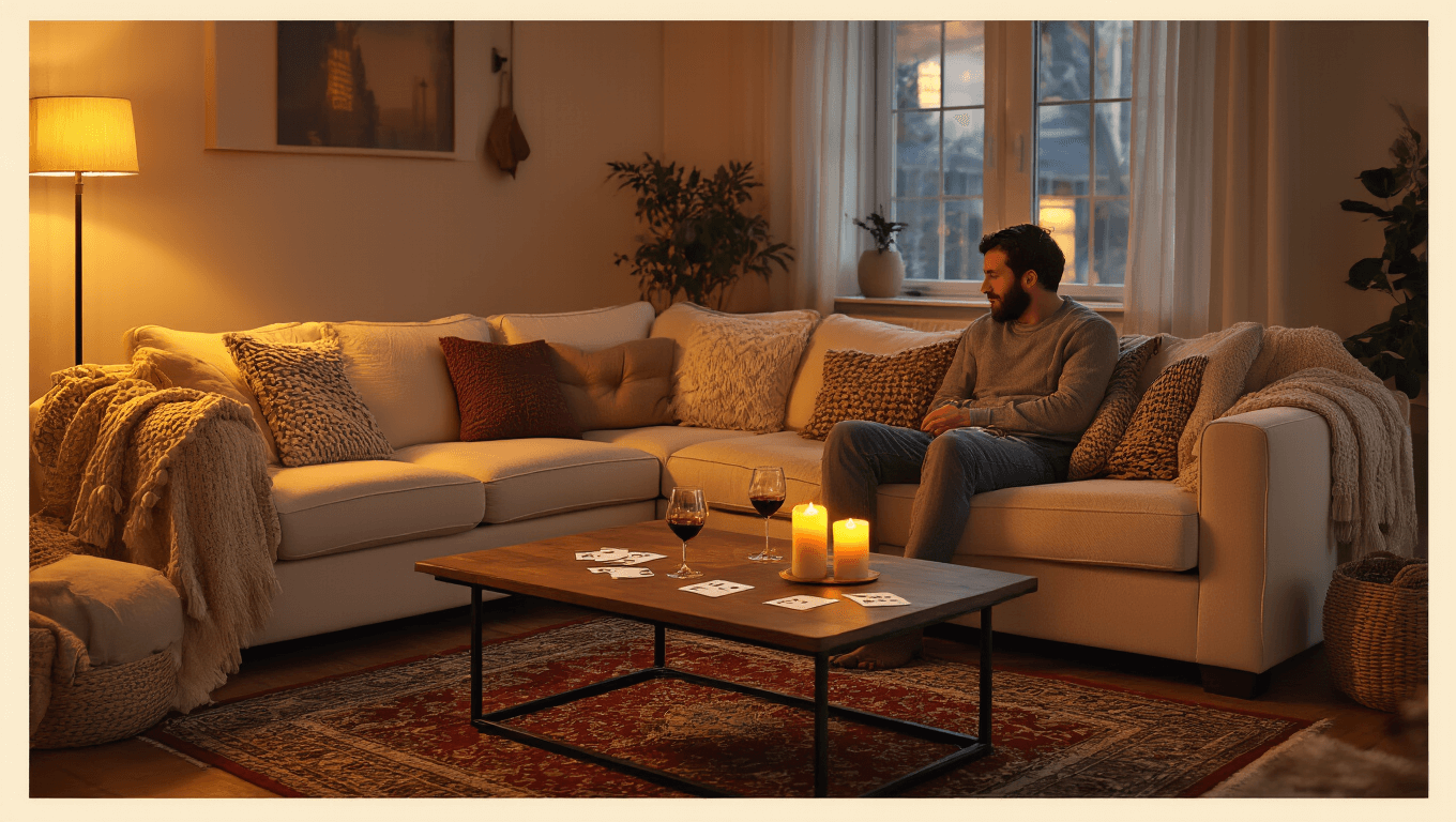 Cinematic wide shot of a cozy living room with warm amber lighting, featuring a plush sectional sofa, scattered question cards, wine glasses, and soft candlelight, creating an intimate atmosphere for couples to engage in conversation games.