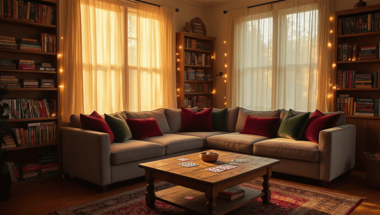 The Ultimate Guide to Fun Games to Play with Friends: 25+ Epic Ideas That Never Get Old Cinematic wide-angle view of a cozy living room bathed in warm golden light, featuring a plush sectional sofa, colorful game night items on a rustic coffee table, and inviting textures throughout, creating an intimate atmosphere for gatherings.