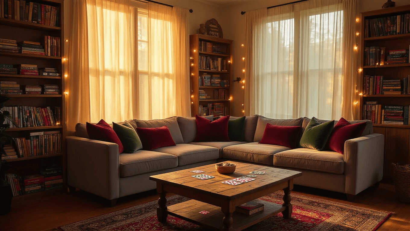 Cinematic wide-angle view of a cozy living room bathed in warm golden light, featuring a plush sectional sofa, colorful game night items on a rustic coffee table, and inviting textures throughout, creating an intimate atmosphere for gatherings.