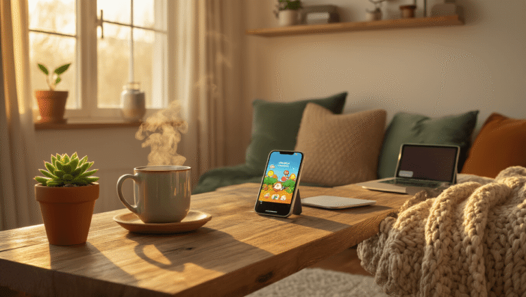 A cozy gaming corner illuminated by golden hour light, featuring a reclaimed wood desk with a smartphone, steaming mug, succulent, and wireless earbuds, surrounded by sage velvet cushions and a chunky knit throw, all set against cream walls and hardwood floors.