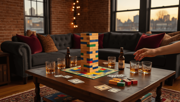 Transform Your Game Night: The Ultimate Guide to Drinking Board Games That'll Make You the Party Hero Cinematic wide-angle shot of a cozy living room at golden hour, featuring a mahogany coffee table with a Jenga tower, whiskey glasses, craft beer bottles, Monopoly money, and property cards, surrounded by warm Edison bulb lighting, a charcoal sectional sofa, exposed brick wall, and rich textures, creating an inviting party ambiance.
