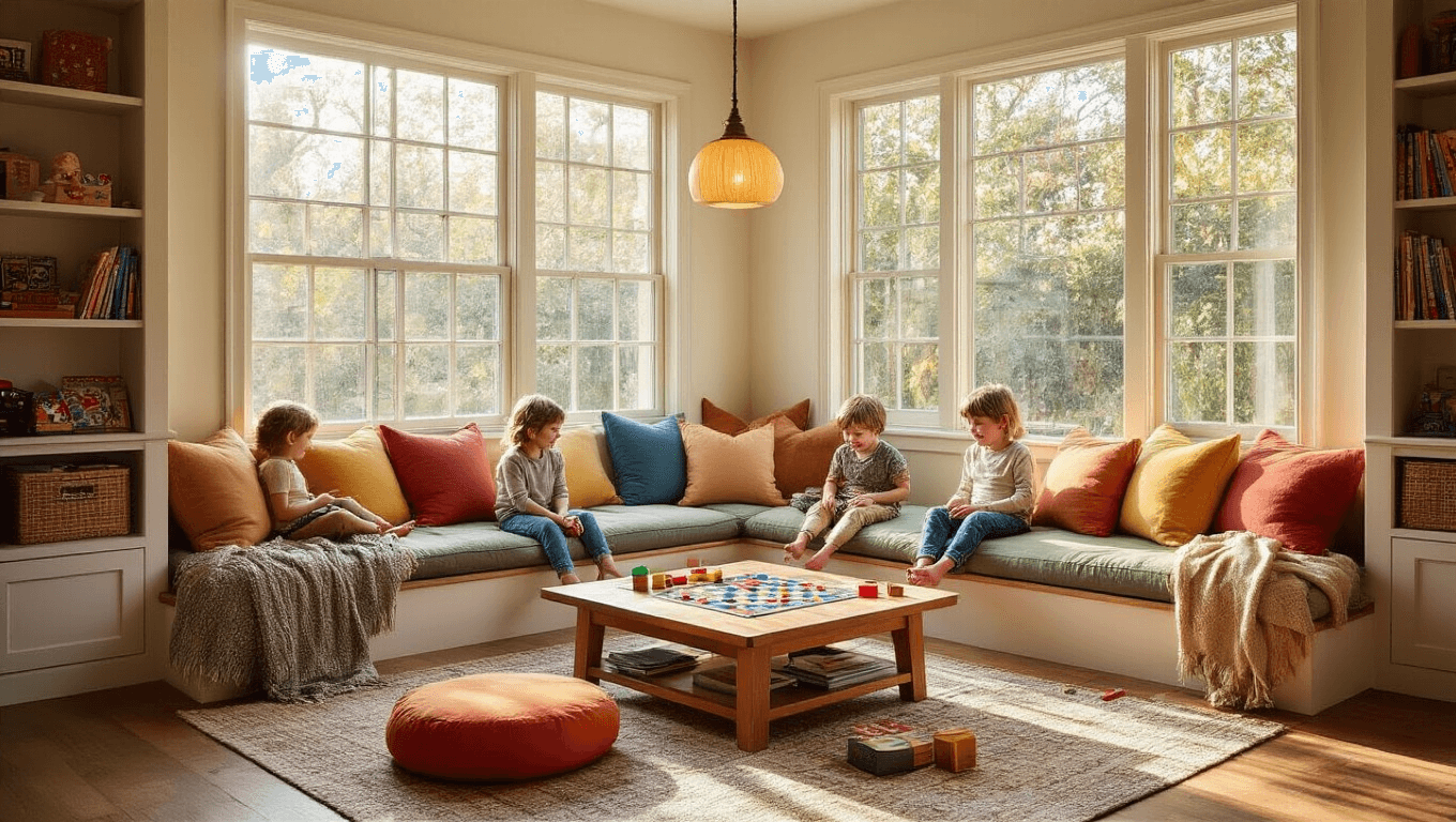 A cozy living room nook with colorful cushions, natural light, and a low wooden coffee table surrounded by board games and plush blankets, viewed from a child's perspective.