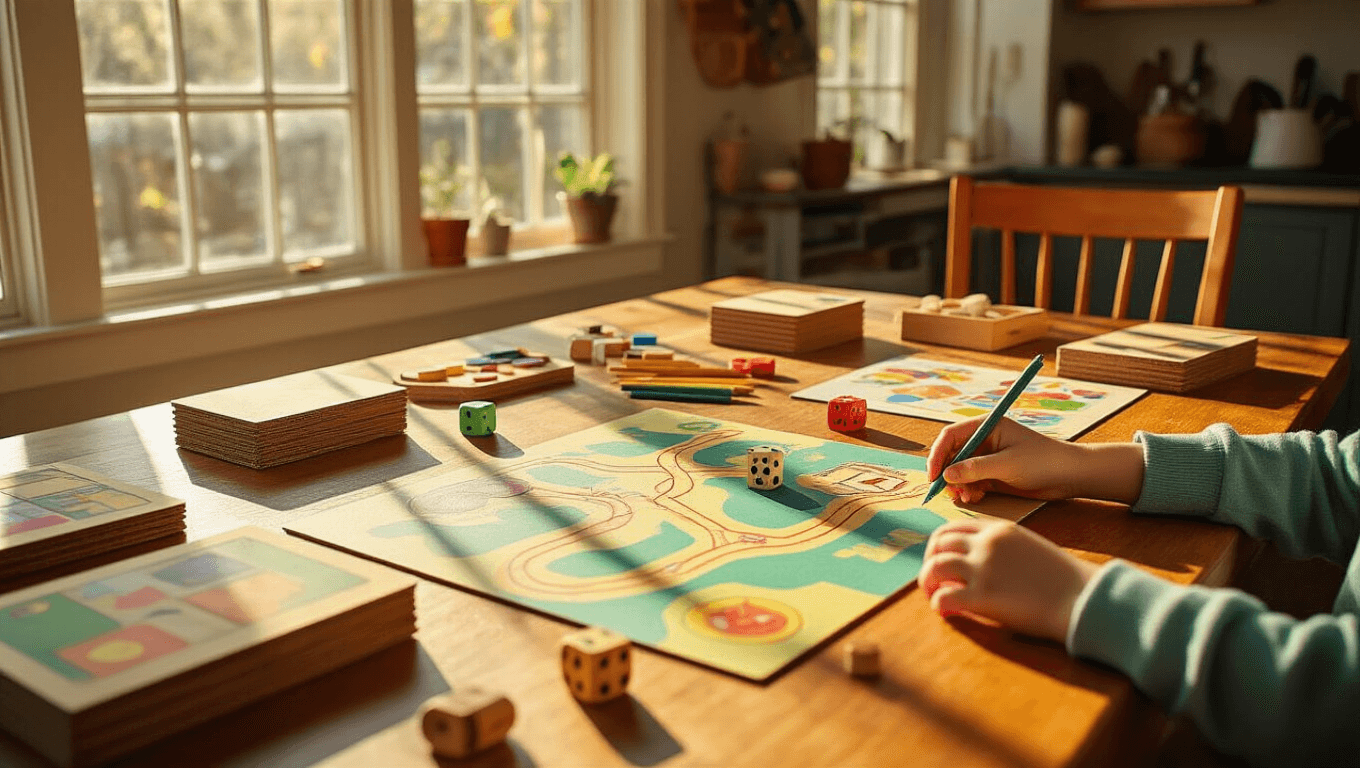 A warm honey-oak dining table filled with colorful homemade board game prototypes, craft materials, and children's hands drawing game paths, illuminated by soft afternoon sunlight.
