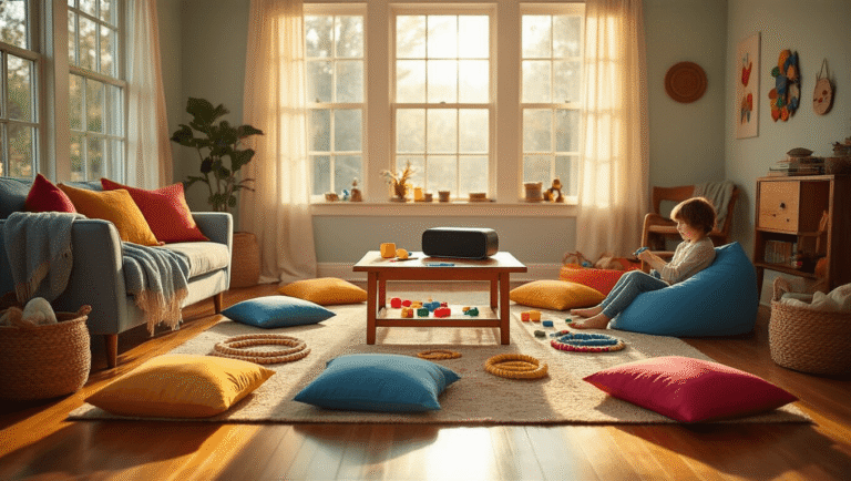 A cozy DIY game setup in a sunlit living room with colorful bean bag toss baskets, handmade ring toss rings, scattered vibrant throw pillows, and children crafting game pieces, all bathed in warm golden hour light.