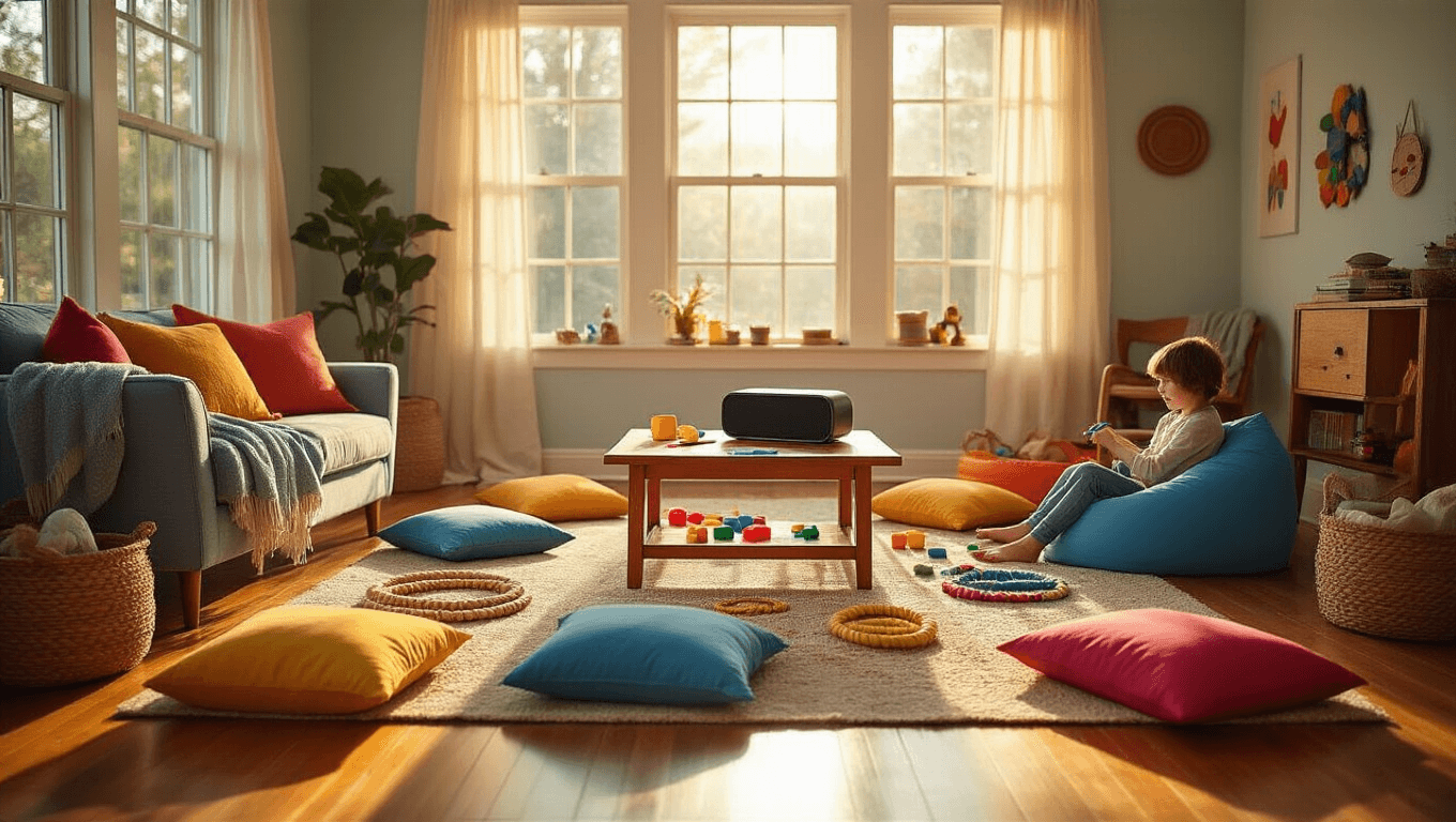 A cozy DIY game setup in a sunlit living room with colorful bean bag toss baskets, handmade ring toss rings, scattered vibrant throw pillows, and children crafting game pieces, all bathed in warm golden hour light.