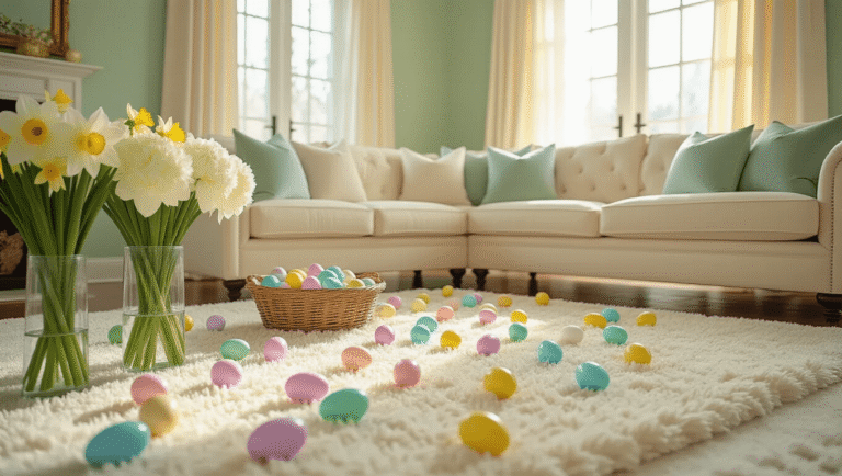 Popular Easter Games That Actually Get Everyone Playing (Not Just Standing Around) Cinematic view of a beautifully decorated living room for an Easter egg hunt, featuring pastel-colored eggs on plush rugs, a cream sectional sofa, and fresh flowers in crystal vases, capturing a warm and inviting springtime atmosphere.