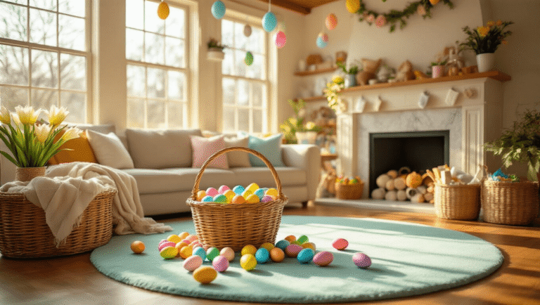 Cinematic view of a vibrant Easter playroom featuring colorful plastic eggs on hardwood floors, a wicker basket of pastel eggs, spring decorations from exposed beams, a cozy sectional sofa, and a marble fireplace, all bathed in warm golden afternoon light.