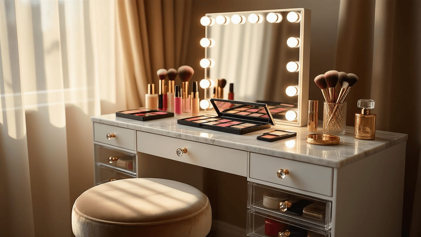 Elegant white makeup vanity with LED Hollywood mirror lights, colorful cosmetics scattered on a marble surface, and warm morning sunlight creating soft shadows.