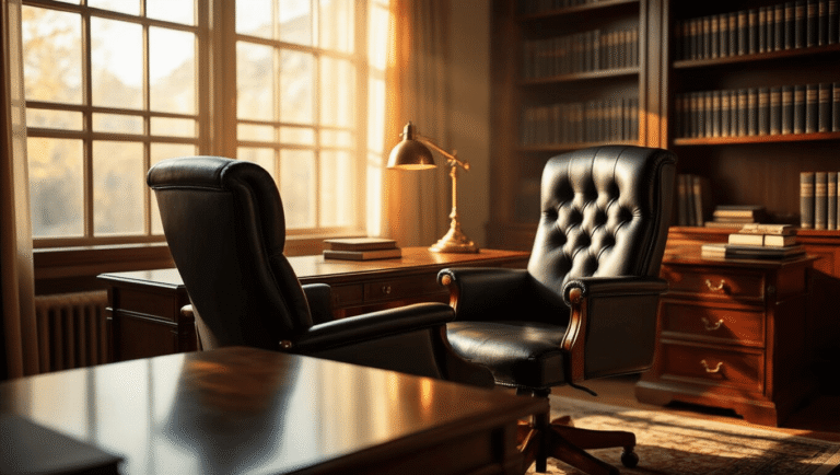 Cinematic home office featuring a luxurious black leather executive chair at a mahogany desk, warm afternoon sunlight casting dramatic shadows, vintage brass desk lamp glowing softly, organized bookshelves, and polished surfaces creating a cozy yet professional atmosphere.