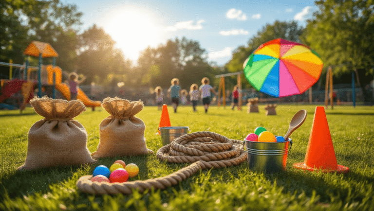 Field Day Games for Kids: Fun-Packed Activities That'll Make Your School Event Unforgettable A vibrant school playground scene at golden hour, with colorful burlap sacks, coiled rope, plastic eggs on wooden spoons, water balloons in metal buckets, and a rainbow parachute, all illuminated by warm sunlight and filled with children's laughter.