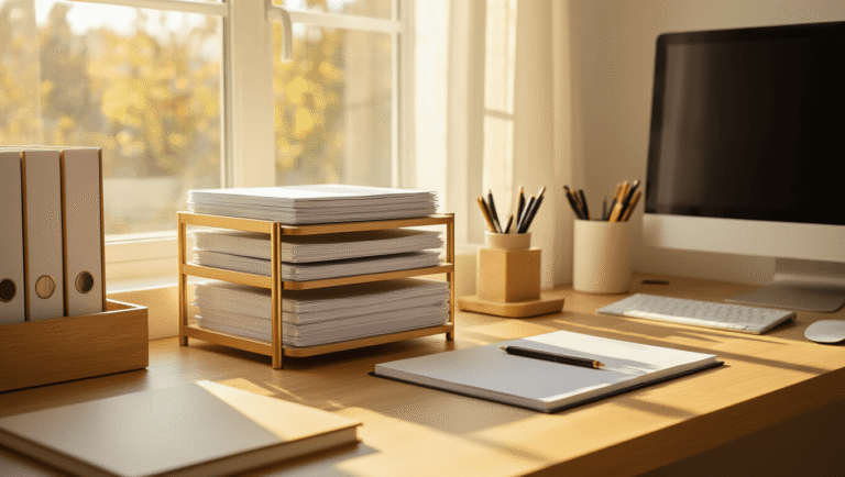 How I Transformed My Chaotic Desk Into a Productivity Paradise (And You Can Too!) A clean and organized minimalist home office workspace featuring golden hour sunlight on a sleek wooden desk, with a three-tier document organizer, neatly arranged office supplies, and warm honey wood tones contrasting white accents.