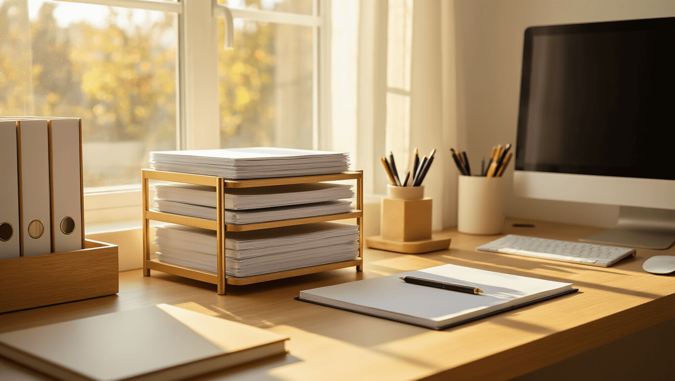 A clean and organized minimalist home office workspace featuring golden hour sunlight on a sleek wooden desk, with a three-tier document organizer, neatly arranged office supplies, and warm honey wood tones contrasting white accents.