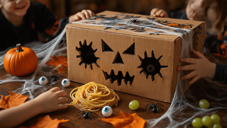 Cinematic close-up of a Halloween mystery box game station on a rustic mahogany table, featuring a monster-faced cardboard box, children's hands eagerly reaching through hand-holes, surrounded by plastic eyeballs, fake spider webs, and orange silk leaves, all illuminated by warm pendant lighting.