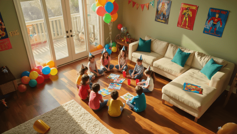 Birthday Party Games That Actually Keep Kids Happy (And Parents Sane!) Cinematic overhead shot of a vibrant birthday party in a modern living room, featuring children playing games on hardwood floors surrounded by colorful balloons, metallic party hats, and treasure hunt clues, with warm sunlight illuminating the scene.