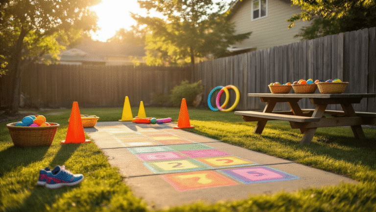 A bright suburban backyard during golden hour, featuring a hopscotch grid drawn in colorful chalk, scattered rainbow chalk, an obstacle course with traffic cones and pool noodles, hula hoops by a wooden fence, treasure hunt bags spilling toys onto the grass, and bean bags on a picnic table, all creating a playful, inviting atmosphere.