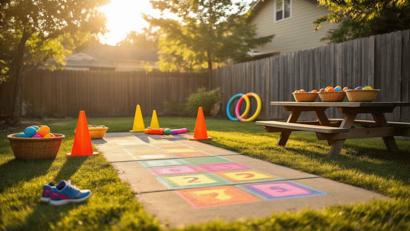 A bright suburban backyard during golden hour, featuring a hopscotch grid drawn in colorful chalk, scattered rainbow chalk, an obstacle course with traffic cones and pool noodles, hula hoops by a wooden fence, treasure hunt bags spilling toys onto the grass, and bean bags on a picnic table, all creating a playful, inviting atmosphere.