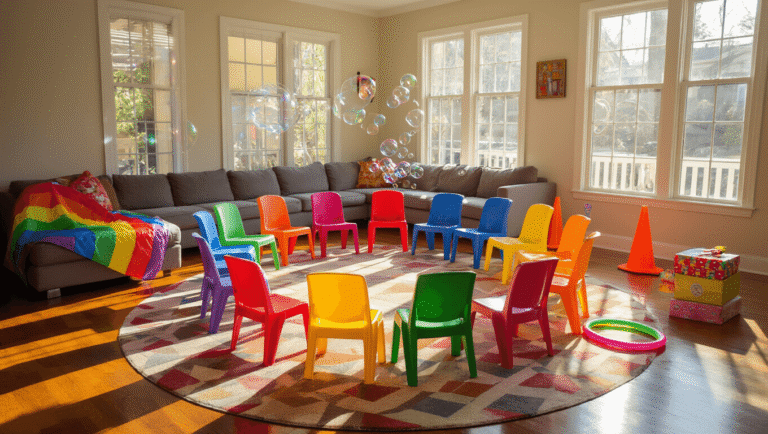 Bright living room with colorful chairs arranged in a circle for kids' party games, sunlight streaming through windows, playful props like a rainbow parachute and bubble machine, and a cozy family atmosphere.