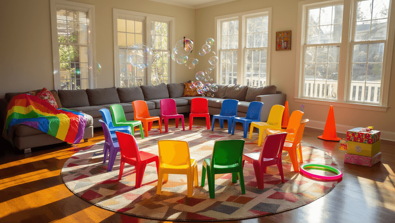 Bright living room with colorful chairs arranged in a circle for kids' party games, sunlight streaming through windows, playful props like a rainbow parachute and bubble machine, and a cozy family atmosphere.