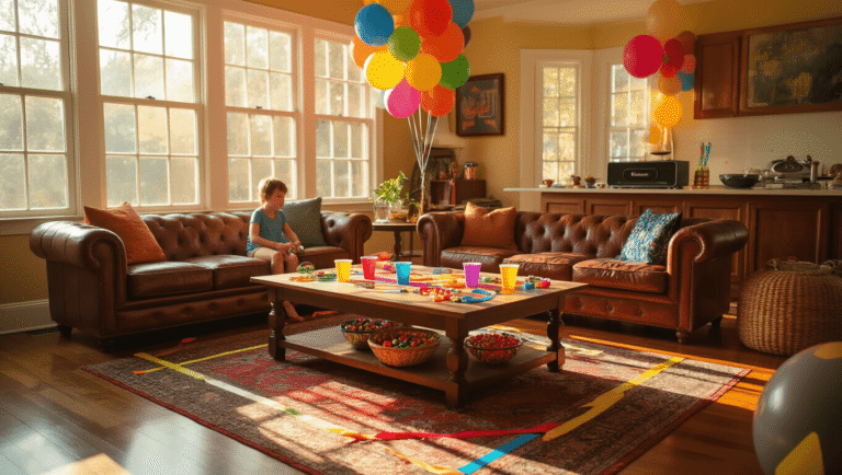 A vibrant children's party scene in a sunlit living room, featuring colorful game supplies, gleaming hardwood floors, and inviting warm lighting with balloons floating above.