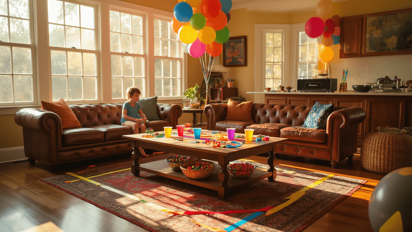 A vibrant children's party scene in a sunlit living room, featuring colorful game supplies, gleaming hardwood floors, and inviting warm lighting with balloons floating above.