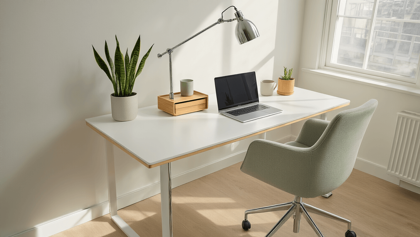 Aesthetic minimalist desk setup with a white lacquered surface, chrome task lamp, MacBook Pro, potted snake plant, and bamboo organizers, bathed in morning light with clean lines and neutral tones, showcasing an organized and serene workspace atmosphere.