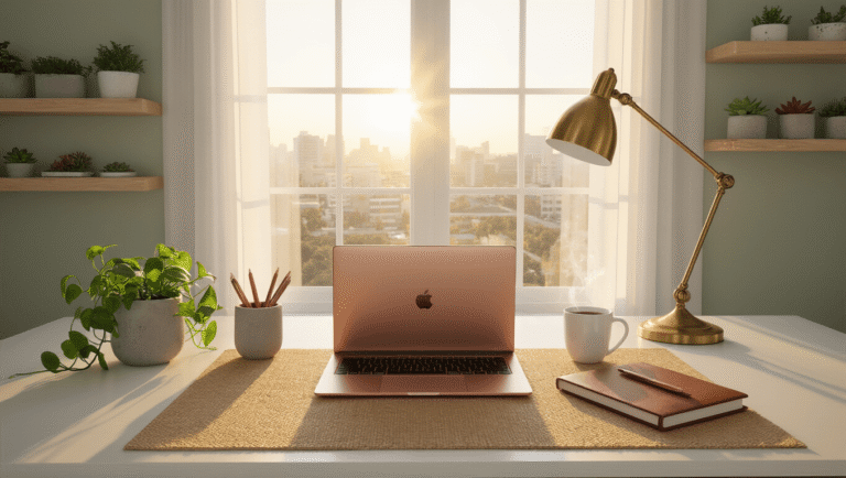 A minimalist workspace featuring a white oak desk with a cognac leather mat, rose gold laptop, and ceramic pen holders, illuminated by warm golden hour lighting. A trailing pothos in a concrete planter, a brass task lamp, and a steaming white ceramic mug complete the organized setup against a sage green wall, with floating shelves displaying succulents. Soft focus enhances the natural textures of the materials.