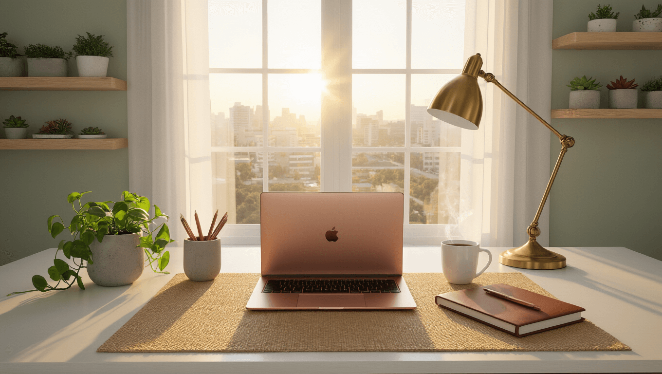 A minimalist workspace featuring a white oak desk with a cognac leather mat, rose gold laptop, and ceramic pen holders, illuminated by warm golden hour lighting. A trailing pothos in a concrete planter, a brass task lamp, and a steaming white ceramic mug complete the organized setup against a sage green wall, with floating shelves displaying succulents. Soft focus enhances the natural textures of the materials.