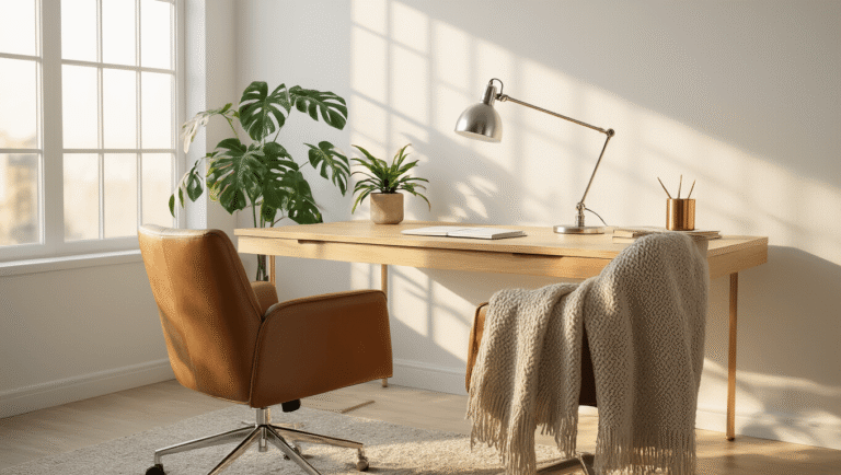 Cinematic wide shot of a minimalist study desk featuring a blonde oak desk, chrome task lamp, leather ergonomic chair, and monstera plant, illuminated by warm golden hour light, with shadows on white walls and a wool throw on the chair.