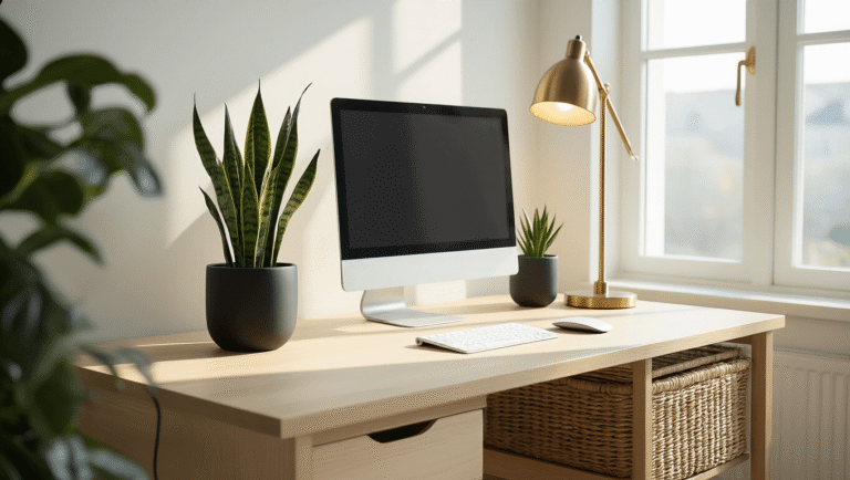 Transform Your Workspace: The Ultimate Guide to Desk Decor That Actually Works Minimalist workspace featuring a white oak desk, snake plant in a black ceramic planter, and a brass lamp, illuminated by soft morning light through large windows, emphasizing clean lines and functional decor.