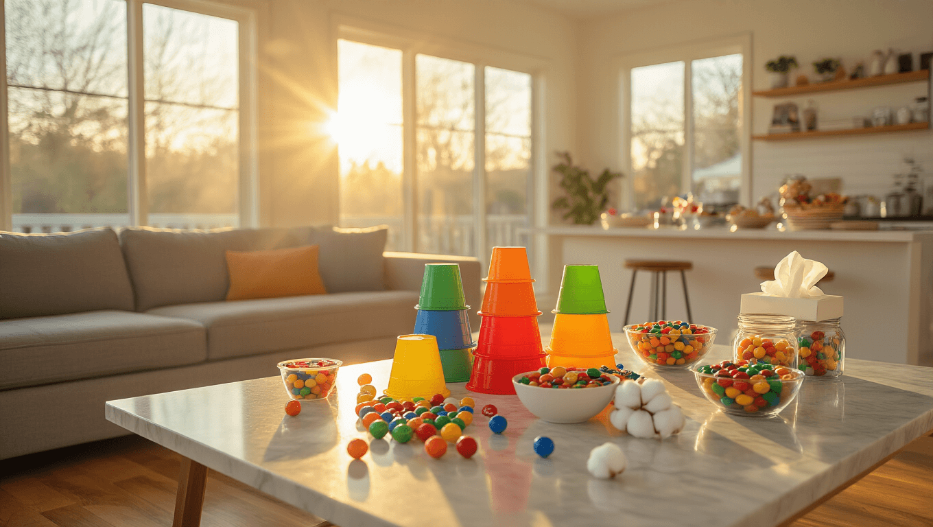 A bright family room with hardwood floors features organized game stations of colorful plastic cups, scattered ping pong balls, and bowls of M&Ms, illuminated by warm golden hour sunlight.