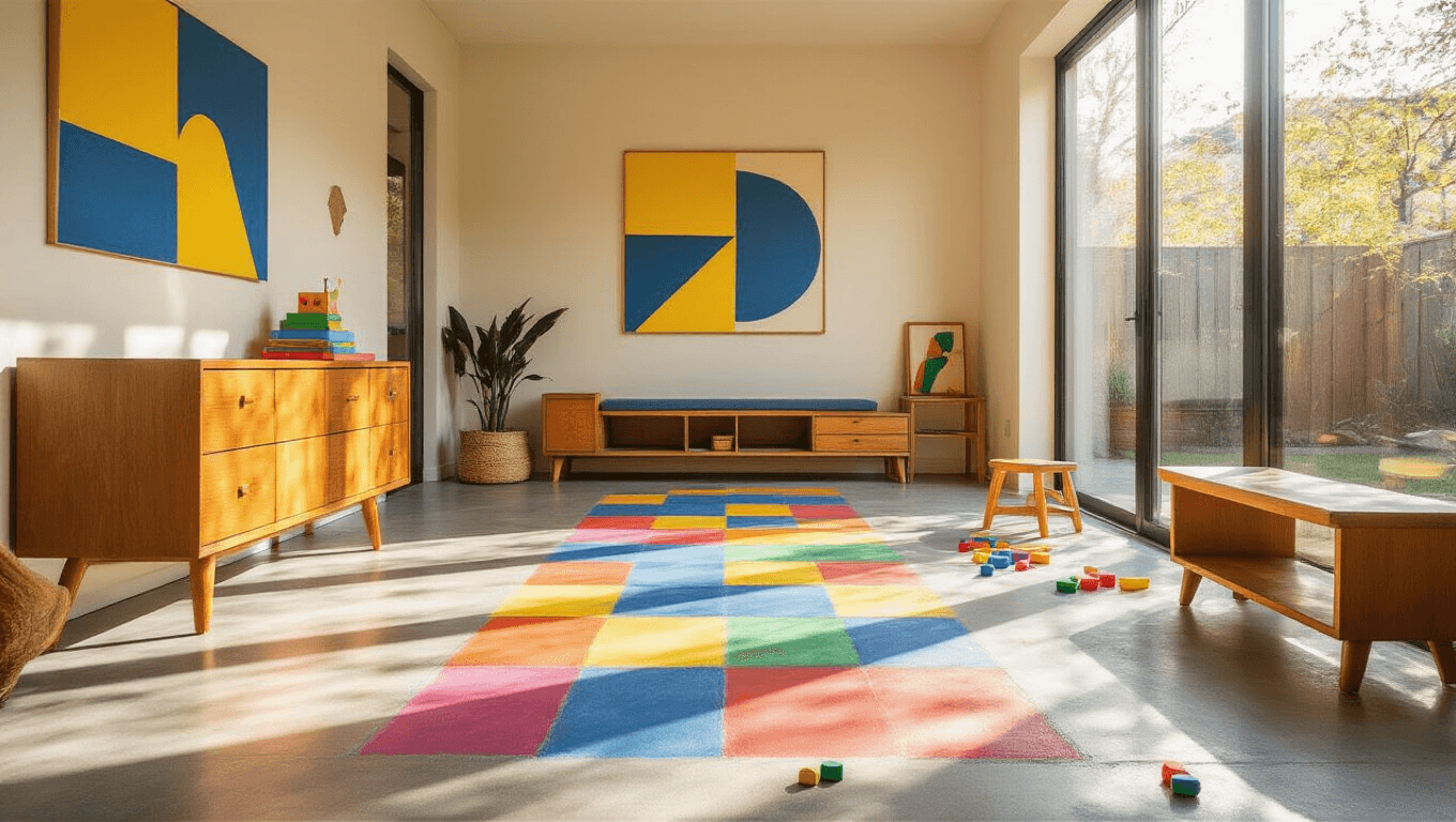 Vibrant rainbow chalk hopscotch on polished concrete floor in a modern children's playroom, illuminated by warm sunlight, with mid-century oak furniture and geometric wall art.