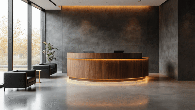 Transform Your Entrance: How Reception Desk Design Creates Unforgettable First Impressions Cinematic wide-angle view of a sophisticated curved reception desk made from walnut wood and blackened steel, set against a textured charcoal wall, with polished concrete floors reflecting warm amber lighting and asymmetrically arranged black leather seating.