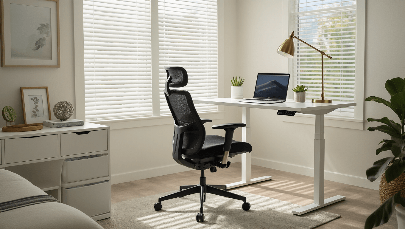 Cinematic wide-angle shot of a modern home office featuring a black ergonomic chair and a white standing desk, accentuated by warm natural light and minimalist decor.
