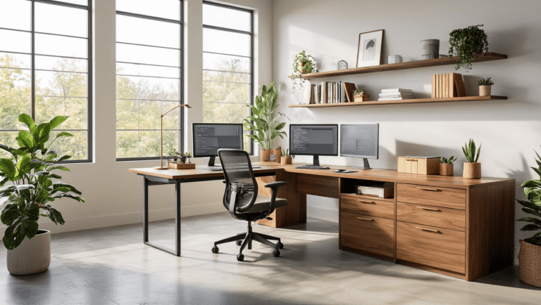 Finding the Perfect Desk: Your Complete Guide to Choosing a Workspace That Actually Works A modern home office featuring a walnut L-shaped desk with dual monitors, an ergonomic mesh chair, built-in shelving with books and plants, warm morning light, organized bamboo supplies, a small succulent, textured wood grain, and a neutral color palette, all creating an inviting workspace.