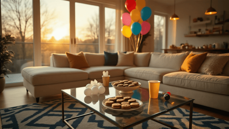 The Ultimate Guide to Minute to Win It Games for Adults That Actually Work Warm, inviting modern living room set up for an adult game night, featuring a glass coffee table with Oreo cookies, colorful balloons, and ping pong balls, surrounded by a plush sectional sofa and soft ambient lighting.